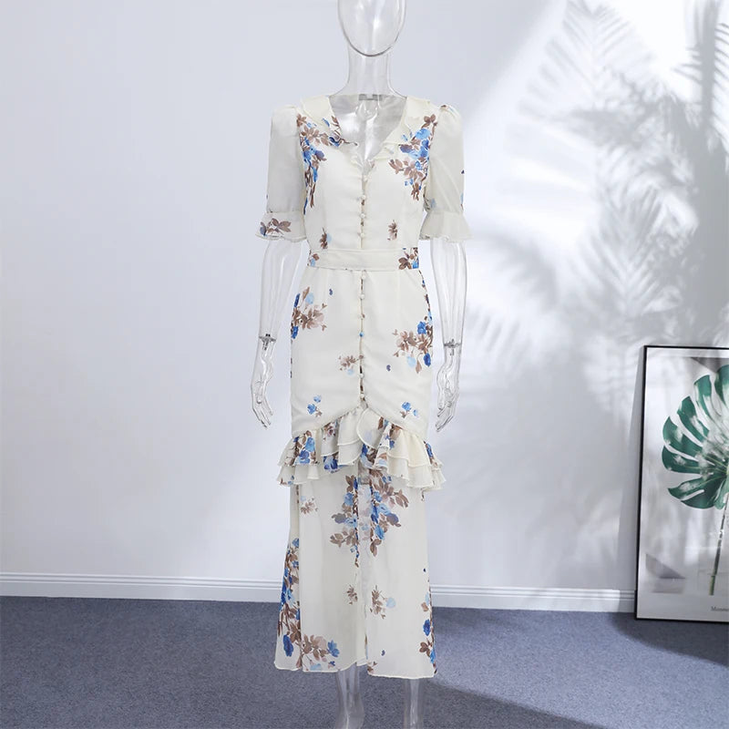 Sexy Print Women Long Dress Urban V-neck Single Breasted Ruffles Half Sleeve Female Dresses 2026 Spring Autumn Lady Robe