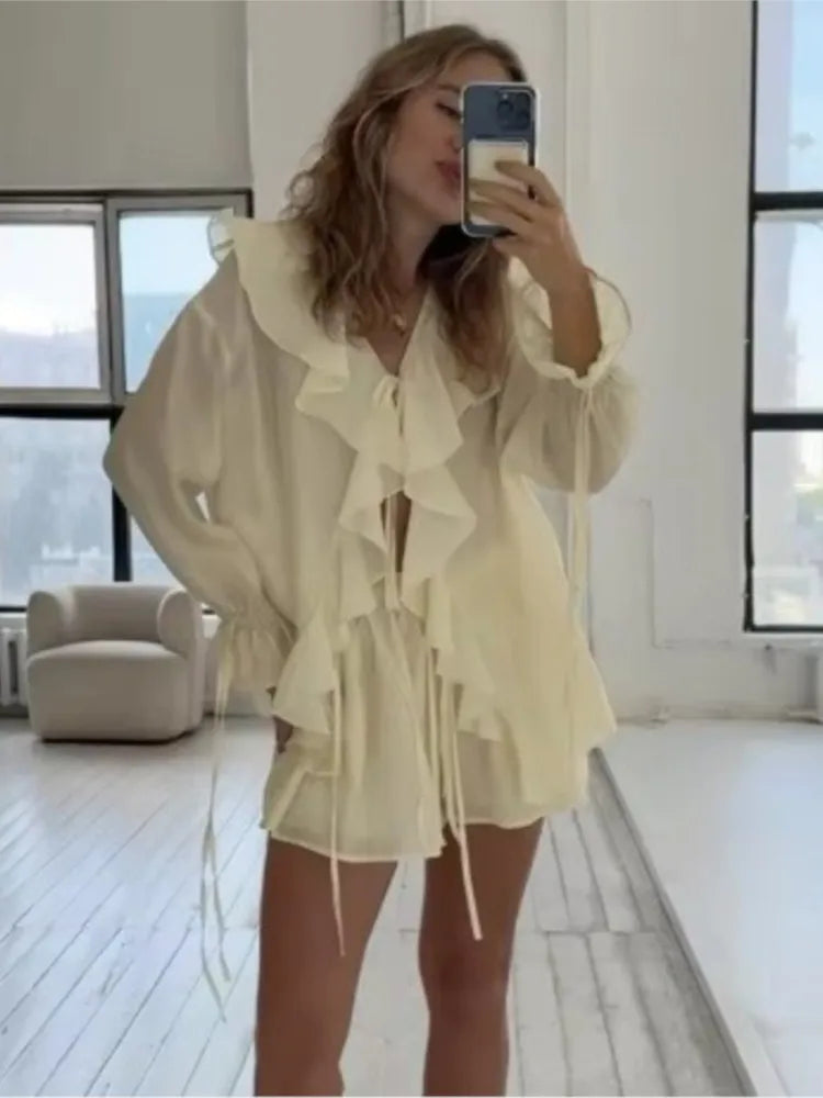 New Casual Shorts Two-piece Set For Women Ruffled Loose Lace-up Top Simple Shorts Suit Office Ladies Summer Women's Shorts Suit