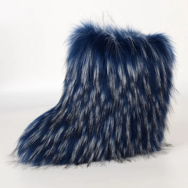 Women's Winter Snow Boots Outdoor Luxury Furry Faux Fox Fur Boots Woman Plush Warm Platform Shoes New Fashion Bottes Big Size 46