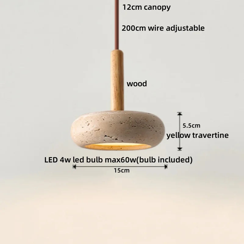 IWHD Yellow Travertine Stone LED Pendant Lamp Living Dining Room Table Inside Retro Wood Hanging Lights Fixture Lampara Colgante