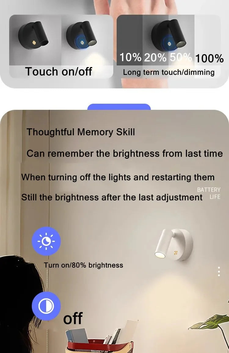 LED Bedroom Wall Light USB Rechargeable Black White Magnet Magnetic Base Dimmable With Touch Switch For Bedside Study Reading