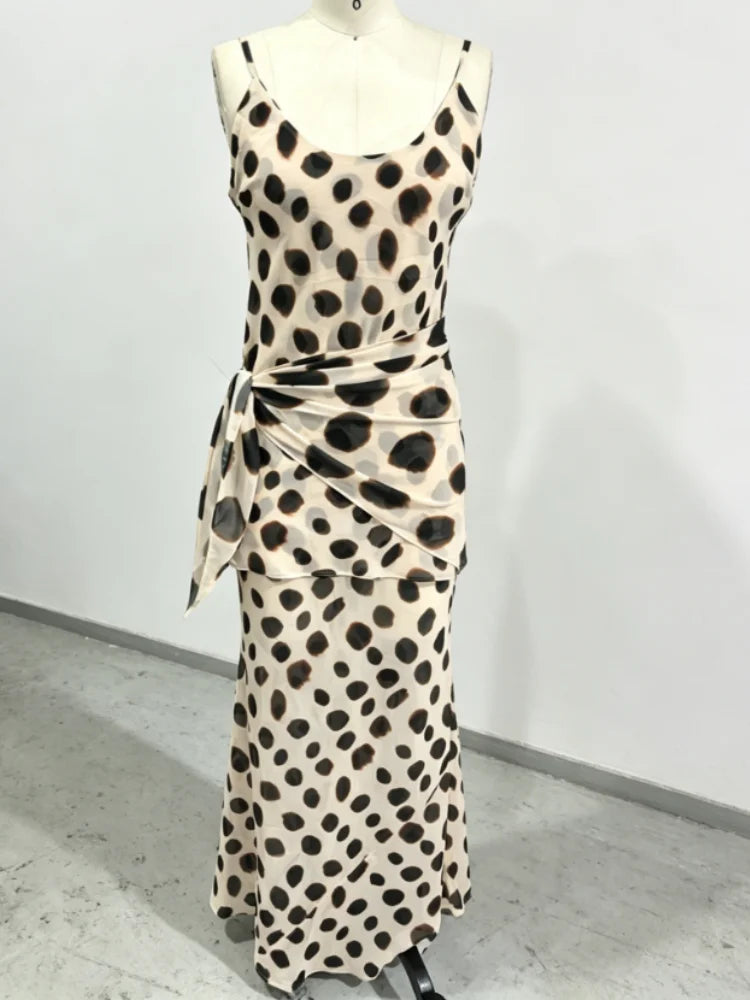 Elegant Animal Print Maxi Dress Detachable Scarf Spaghetti Strap Tie Waist Slim Fit Skirt Women Summer Party Vacation Outfit New