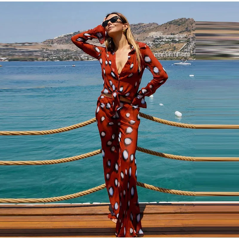 Beach Vacation Printed Shirt Pant Set Women Red See Through Lapel Full Sleeve Button Shirts Pants Suit 2026 Summer Casual Outfit