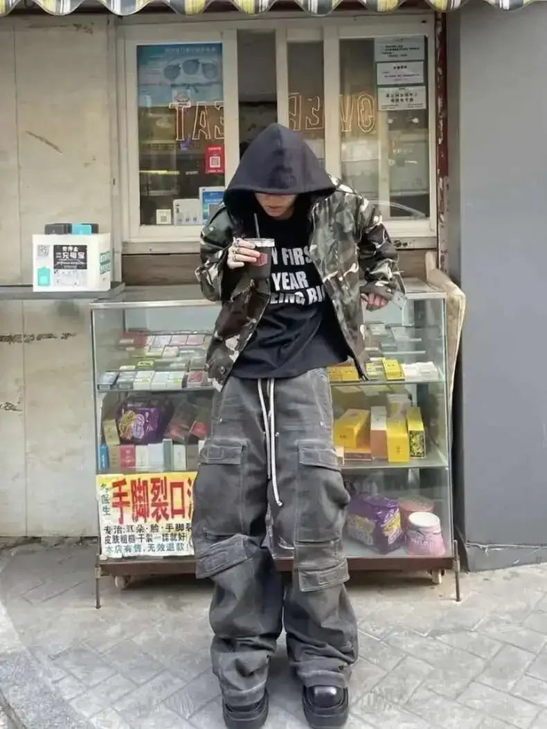High Street Drawstring Zipper Sliced Wide Leg Cargo Pants Msn's Casual Loose Straight Trousers Loose Denim Pants