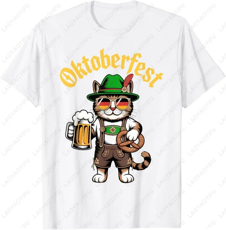 Funny Oktoberfest Cute Cat Pretzel Beer Funny Party Adults T-Shirt Fashion Y2k Streetwear Men Woman High Quality Cotton Tees