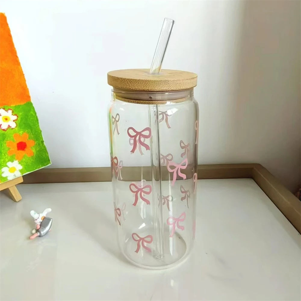 500ml Pink Bow Cute Glass Cups with Lids and Straw Tumbler Glass Cup for Iced Milk Coffee Smoothie Cocktail Matcha Juice Cup