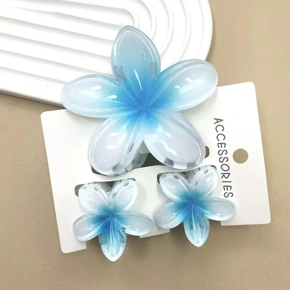 3Pcs/Set Women's Gradient Shark Hair Claw Clips Plumeria Flower Ponytail Barrettes Hawaiian Style Hairpins for Girls