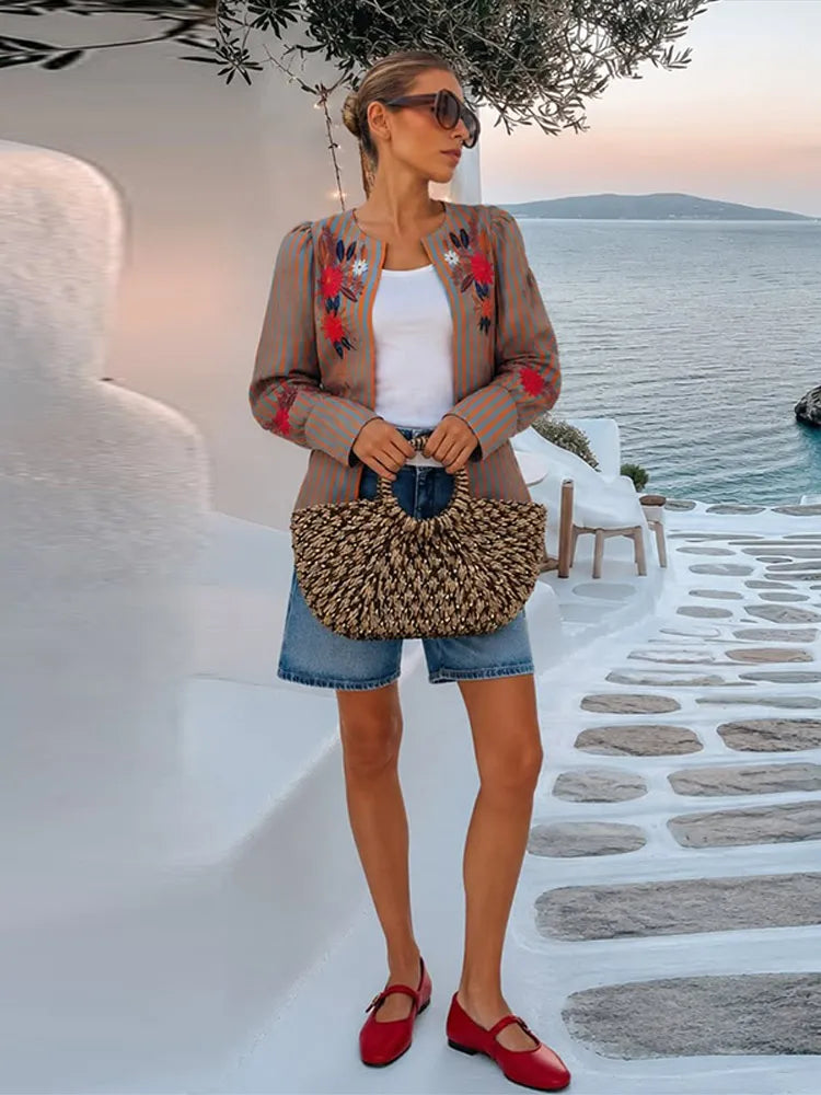 Fashion Striped Flower Embroidered Jacket Round Neck Long Sleeve Loose Coat Casual 2026 Early Autumn New Daily Ladies Clothing