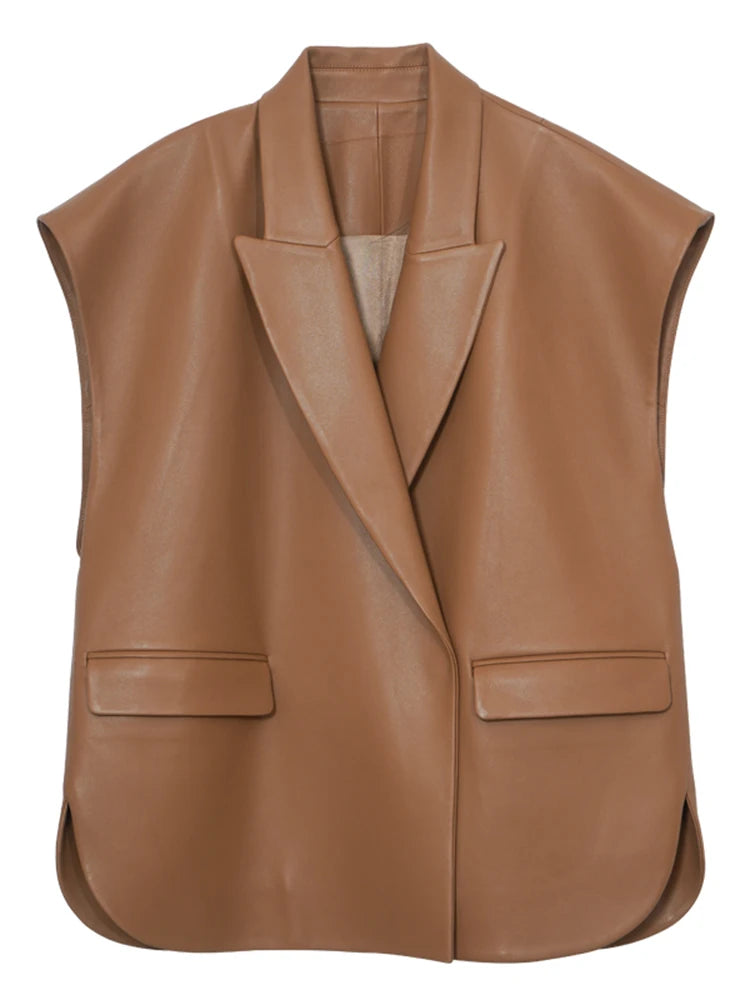 Lautaro-Women's Light Soft Faux Leather Vest, Lapel, Elegant, Luxury, Designer, Sleeveless Jacket, Spring, Autumn Fashion, Black