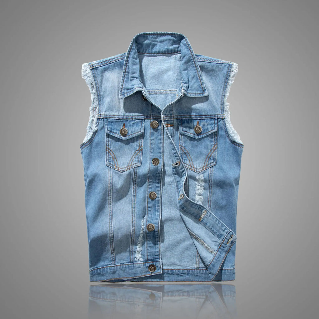 New Fashion Men Ripped Denim Waistcoats Sleeveless Jackets Light Blue Holes Denim Vests Male Cotton Slim Jeans Waistcoats 6XL