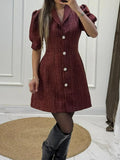Exquisite casual dress spring and autumn new style lapel short sleeved solid color waist cinched princess style short skirt