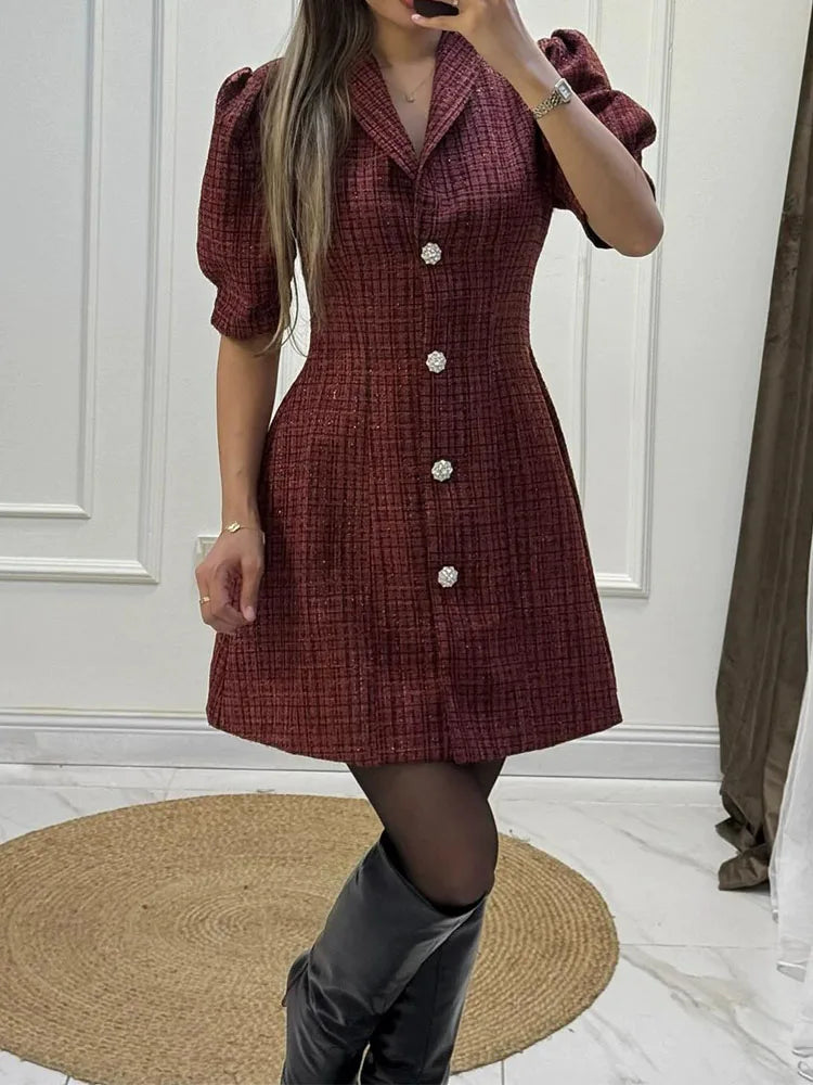 Exquisite casual dress spring and autumn new style lapel short sleeved solid color waist cinched princess style short skirt