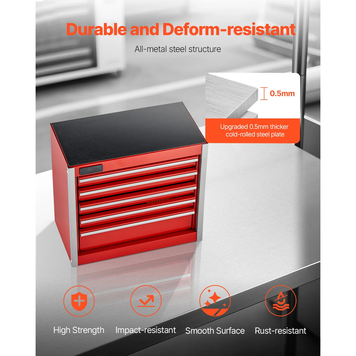 SucceBuy 5-Drawer 8.6in Metal Tool Box Red/Black Portable Small Tool Chest with PP Feet Pads for Garage Workshop Tools Storage