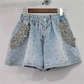 Shorts Women Jeans Straight Denims Sexy Diamonds Vintage Washed Distressed High Waist Button Summer Streetwear Short Pants