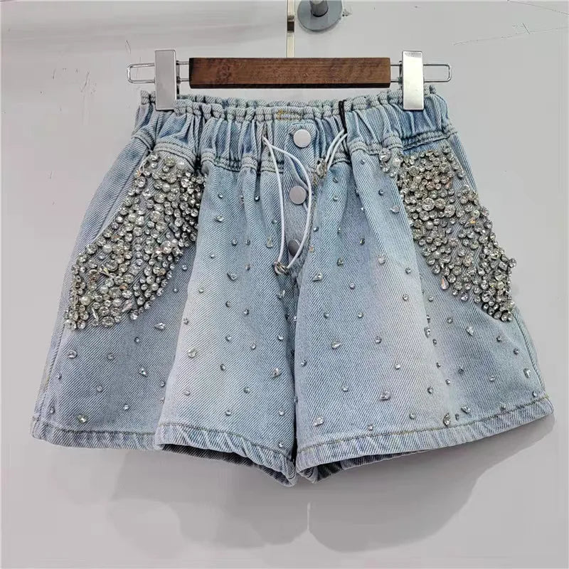 Shorts Women Jeans Straight Denims Sexy Diamonds Vintage Washed Distressed High Waist Button Summer Streetwear Short Pants