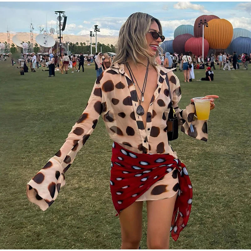 Sexy Printed Shirt-style Women's Dress Full Sleeve Turn-down Collar Button Detachable Scarf Dresses 2026 Summer Chic Female Robe