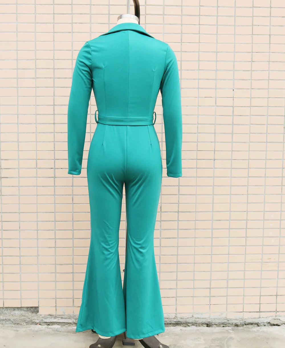 New Spring Women's Long Sleeve Jumpsuits Fashion Casual Button Turn-Down Collar Skinny Bootcut Jumpsuit with Belt Y2K Streetwear