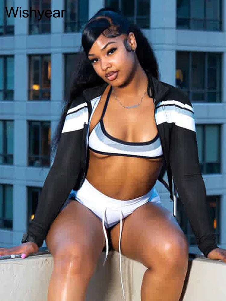 Sexy Beach Bikini Suits Woman Fashion Stripe Print Patchwork Full Sleeve Jacket+Crop Tops+ Shorts 3 Piece Set Vacation Hot Girls