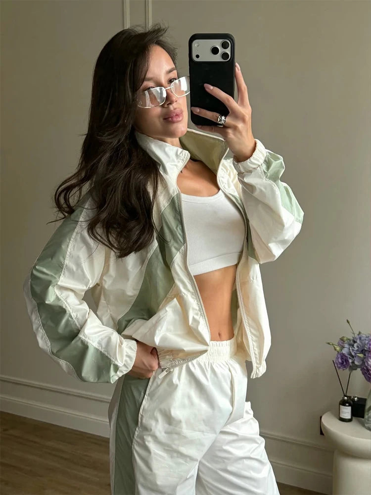 Lady'snavy Chevron Stripe Windbreaker Tracksuit Zip Cropped Jacket Contrast Trim Shorts 2026 Casual Sport Daily Jogging Street