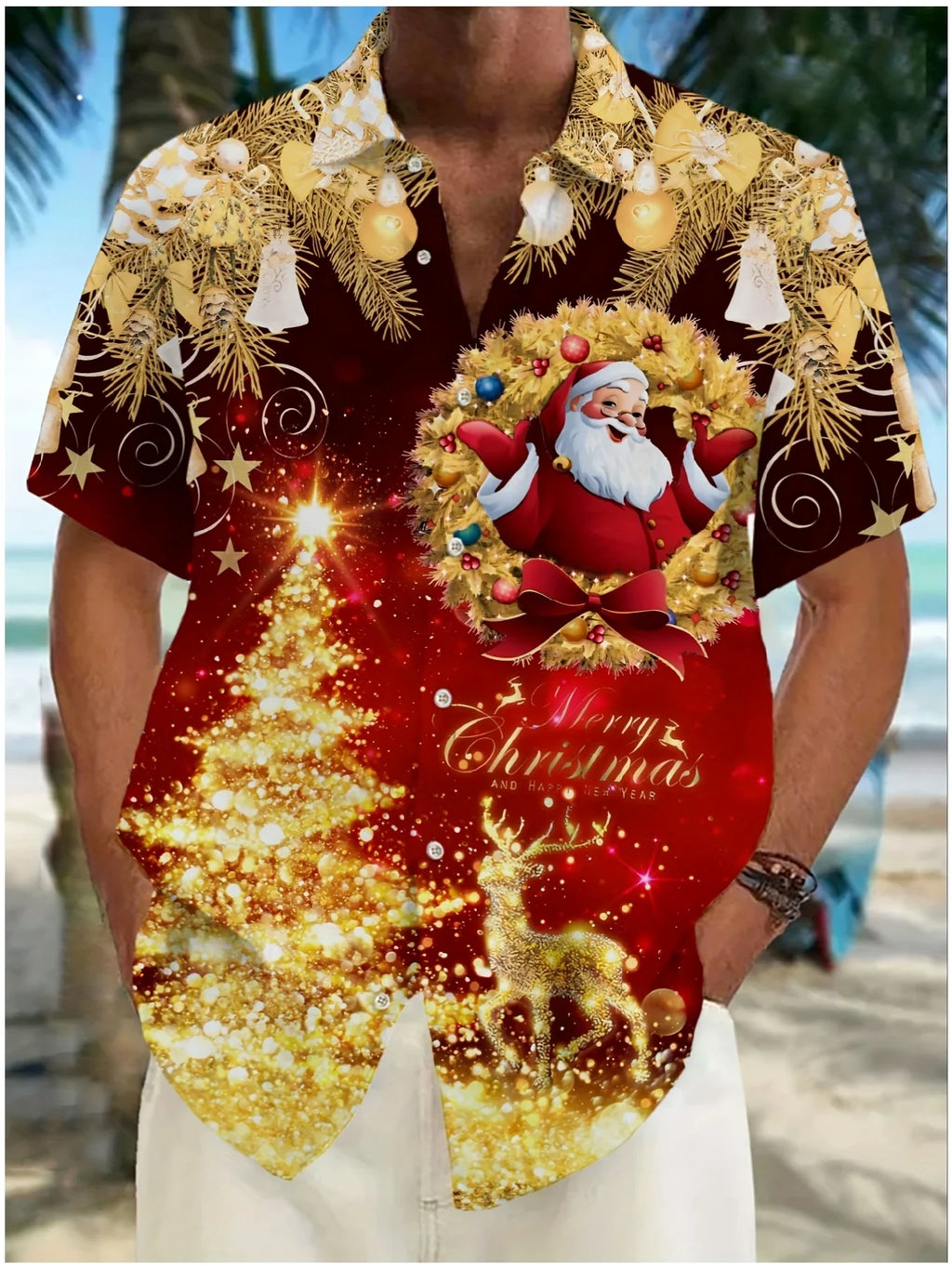 Men's Comic Christmas Graphic Hawaiian Shirt Men Women Fashion Santa Claus Shirt Short Sleeve Blouse Festive Holiday Clothing