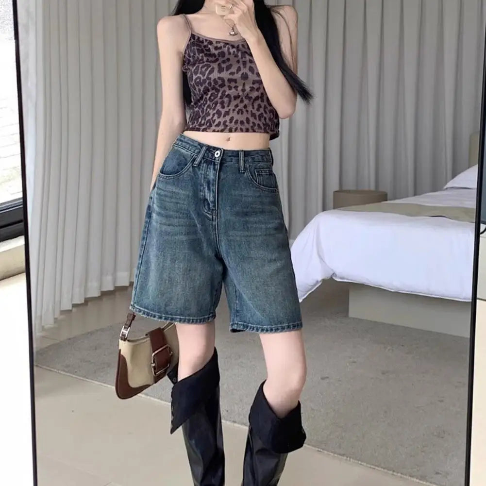 Retro Style Women Denim Shorts High Waist Vintage Washed Straight Wide Leg Button Zipper Knee Length Jeans Shorts Summer