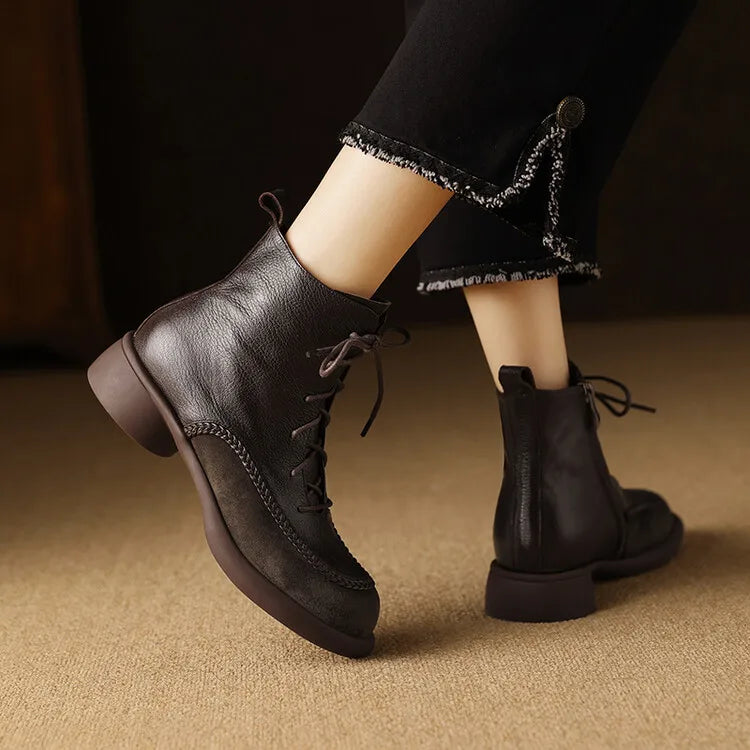 New Autumn Winter Genuine Leather Women Boots Fashion Lace Ankle Boot for Women Short Boots Shoes Chunky Heel Botines Mujer