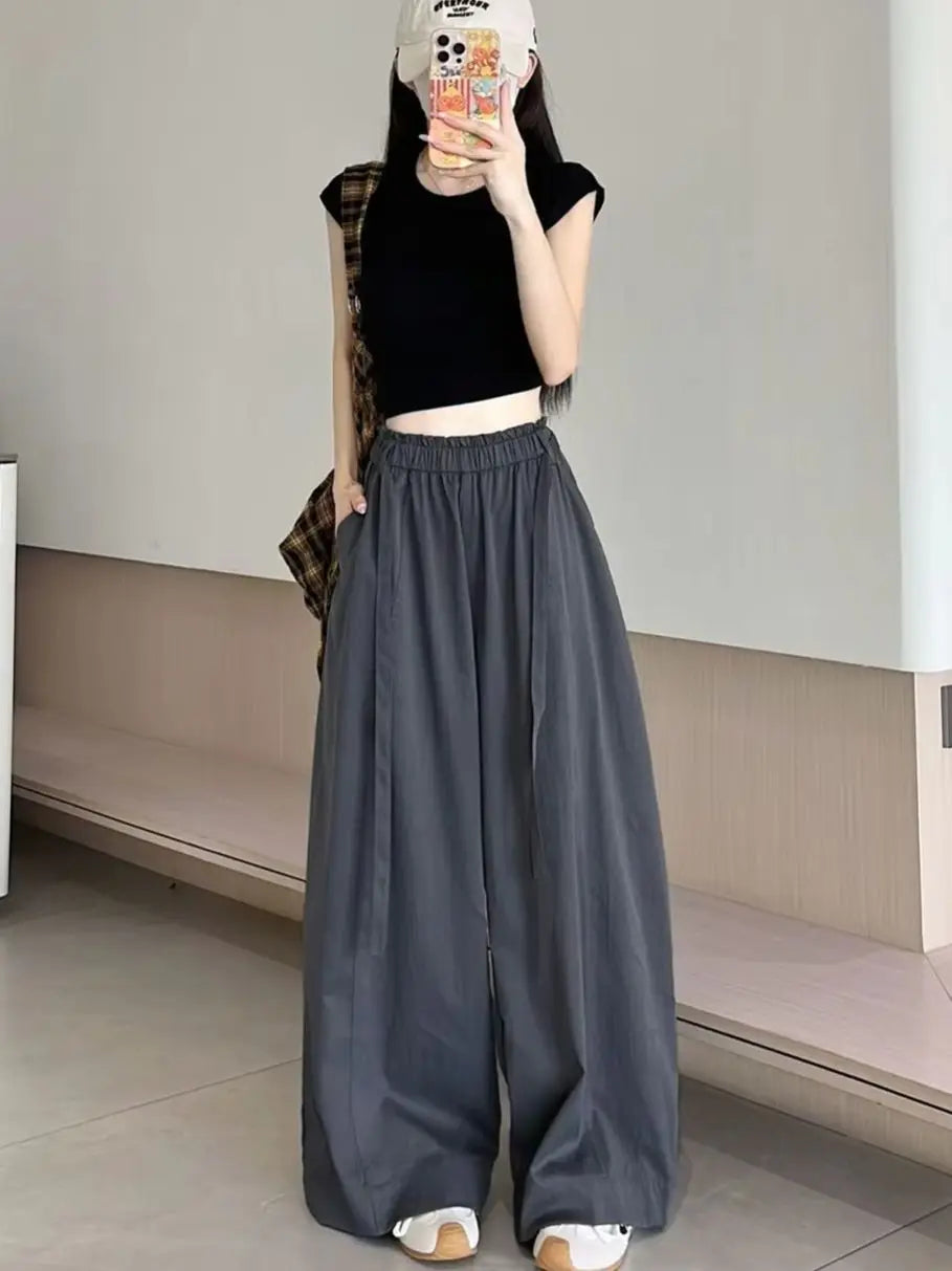 Summer Women Wide Leg Pants Elastic High Waisted Loose Casual Trousers Pockets Drawstring Gray Comfortable All-Match Streetwear
