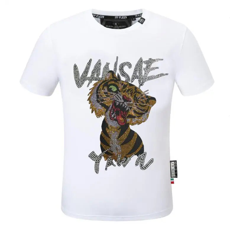 2025 Summer New Luxury Men's Fashion Skull Design Rhinestones T-Shirt Pure Cotton Crew-Neck Casual High Quality