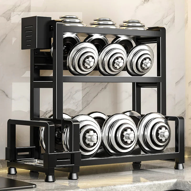 Kitchen Spice Rack Organizer, 3 Tier Adjustable Metal Storage with Knife Holder Hooks Black