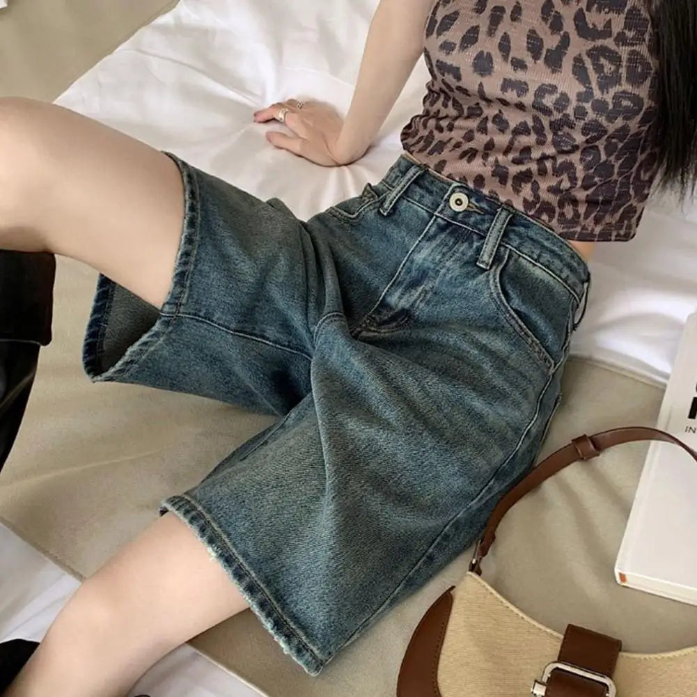 Retro Style Women Denim Shorts High Waist Vintage Washed Straight Wide Leg Button Zipper Knee Length Jeans Shorts Summer