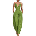 Elegant Sexy V-Neck Spaghetti Strap Jumpsuit Women High Waist Wide Leg Casual Romper Spring Boho Solid Backless Pockets Overalls