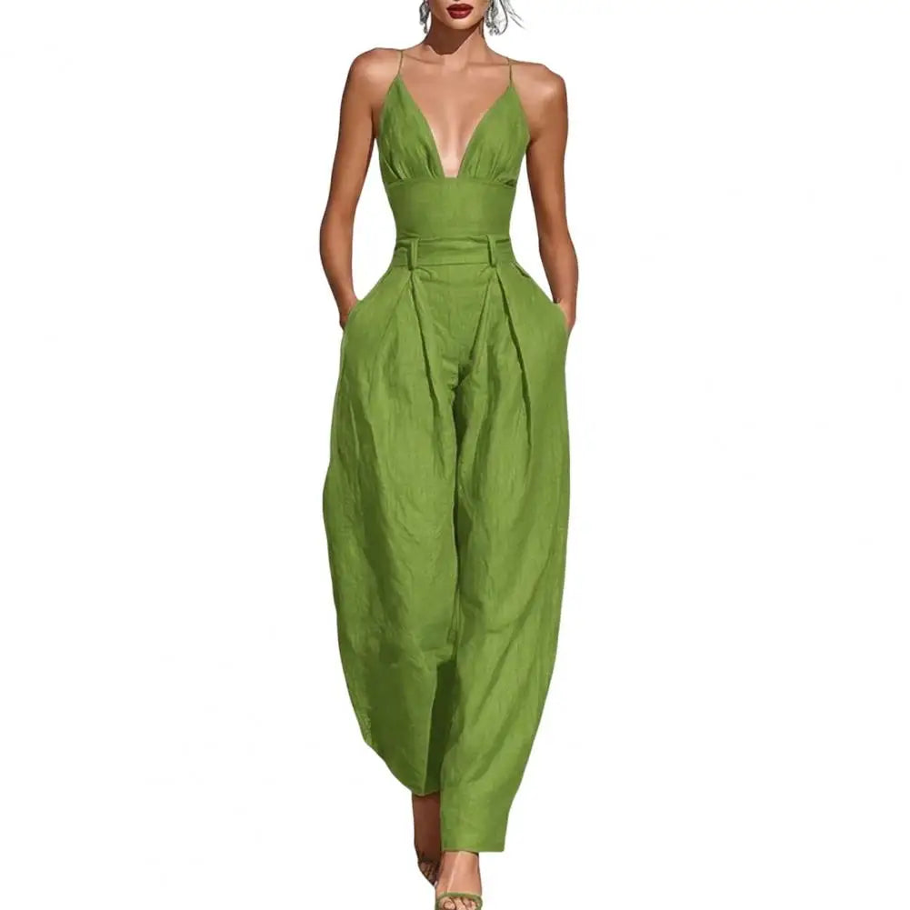 Elegant Sexy V-Neck Spaghetti Strap Jumpsuit Women High Waist Wide Leg Casual Romper Spring Boho Solid Backless Pockets Overalls