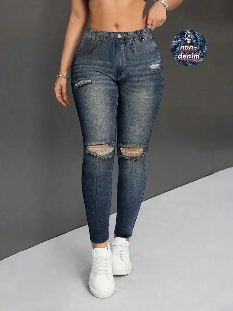 Women's Spring and Autumn Fashionable Faux Denim Printed Casual Leggings