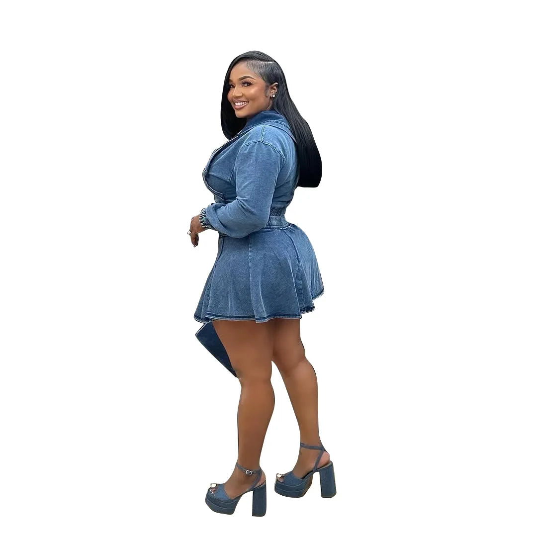 New TS1325 Women's Casual Washed Denim Short Skirt Set Fashionable Autumn Season Leisure Style Unisex Work Uniform Student Sc...