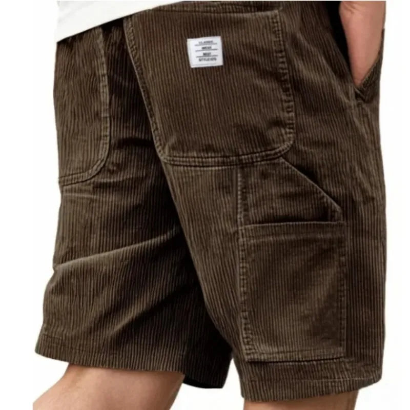Summer Casual Corduroy Loose Elastic Waist Multi-Pocket Leisure Short Pants Men's Workwear Shorts Retro Style Male Trousers