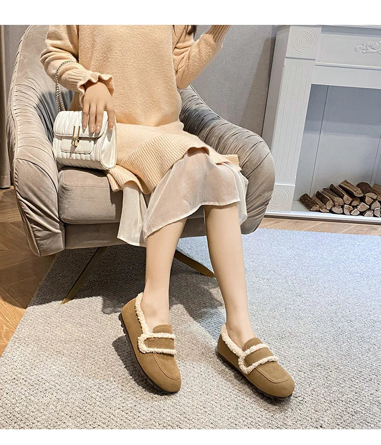 2026 Faux Suede Flats Women Lambswool Loafers Winter Warm Cotton Shoes Ladies Platform Fleeces Mocasines Female Sheep Fur Boots