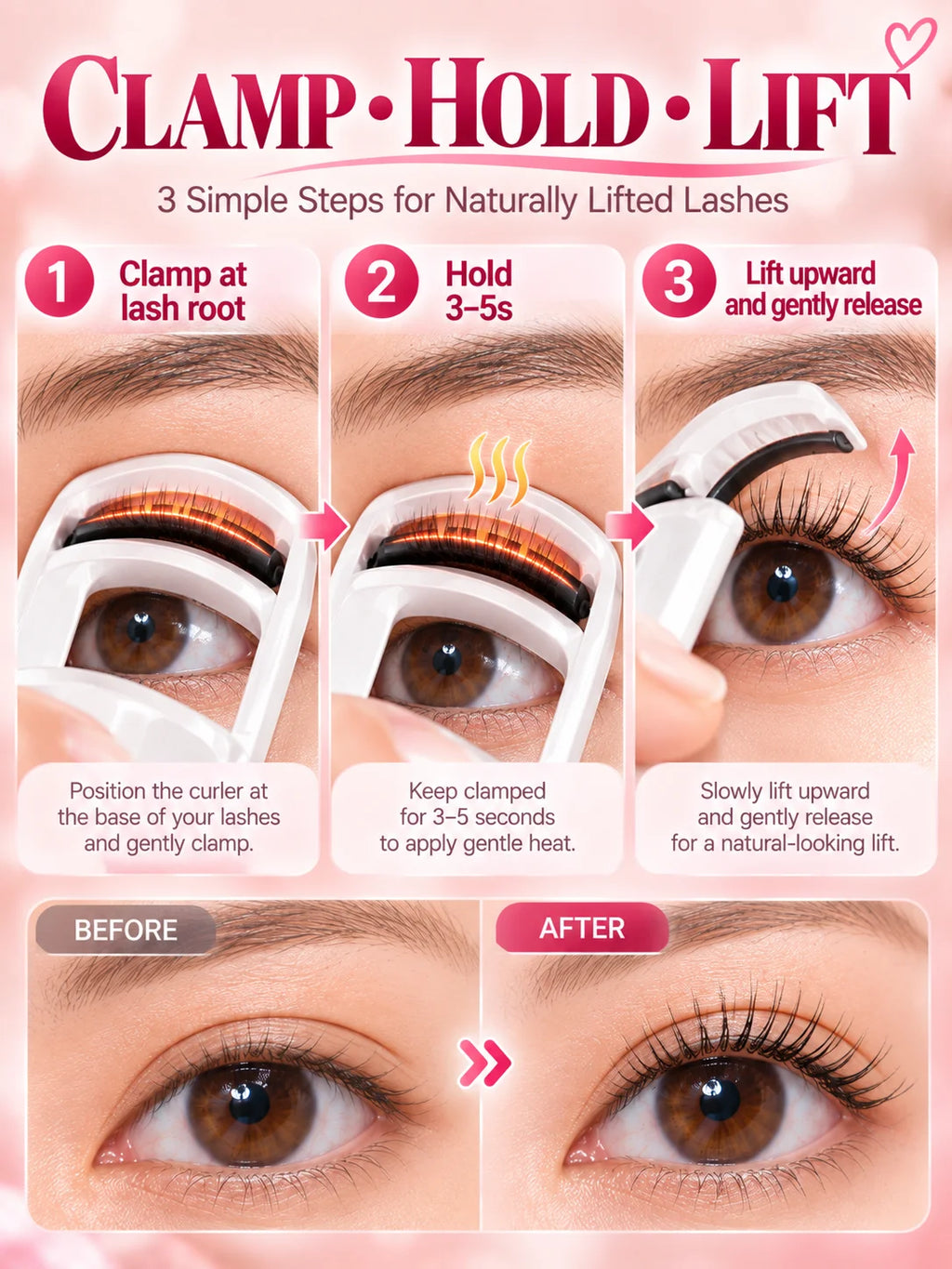 Electric Heated Eyelash Curler 2 Heat Modes Thermal Silicone Clamp Type-C Rechargeable Lash Curler 5-Min Auto Shut-Off Makeup To