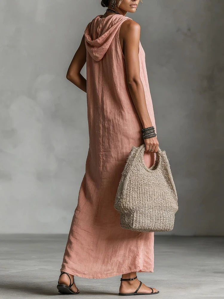 Elegant Cotton Linen Hooded Dress Women Loose V Neck Single Breasted Sleeveless Vestido Female Spring Summer Casual Lady Dresses