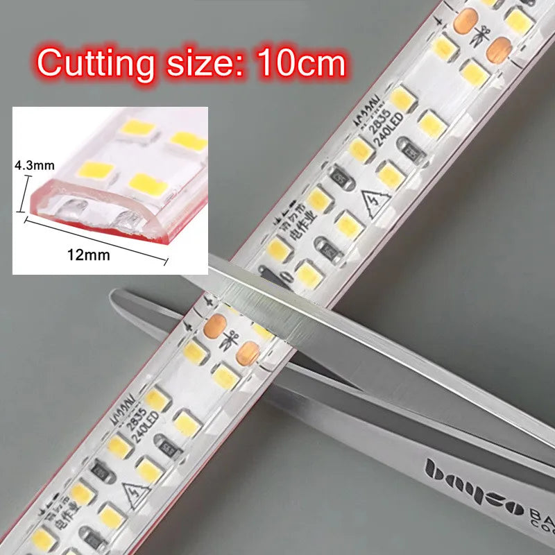 12MM Width SMD 2835 LED Strip 240LEDs/M AC220V Flexible Cuttable Soft Lamp IP68 Waterproof Warm/Neutral/White Light With EU Plug