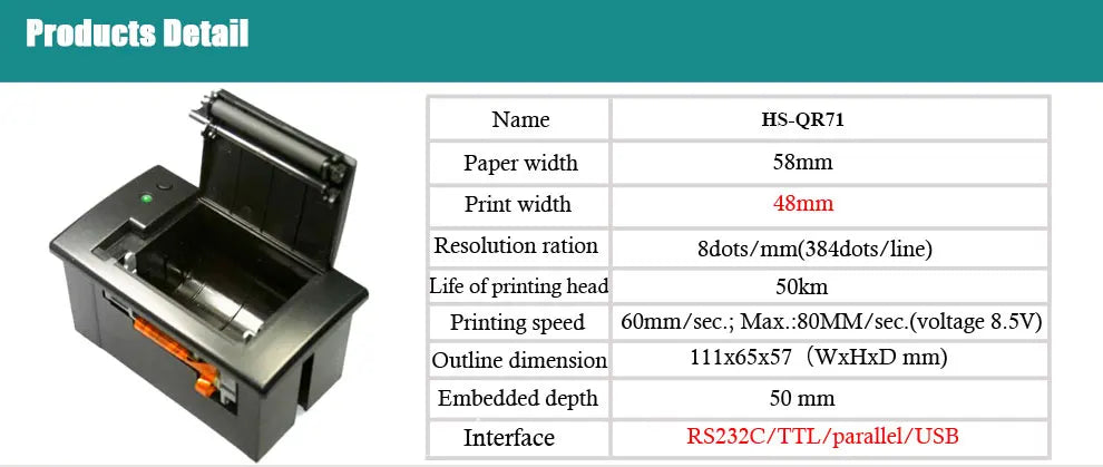 HSPOS QR71 58mm Embedded Thermal Receipt Printer 100mm/s RS232 USB Low Noise DC5-12V GB18030 for Kiosk Vending Machine POS Cash