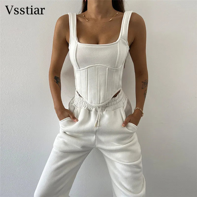 Vsstiar Women Three Piece Set Long Sleeve Hooded Crop Top Irregulary Tanks Pockets Pants Casual Tracksuit Fashion Female Clothes