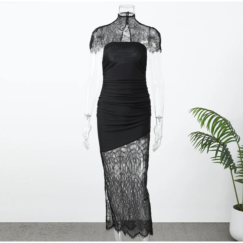 Lace Patchwork Maxi Dress Sexy Women Chic Black Shawl Strapless See Through Backless Slim Gown 2026 Lady Evening Party Vestidos