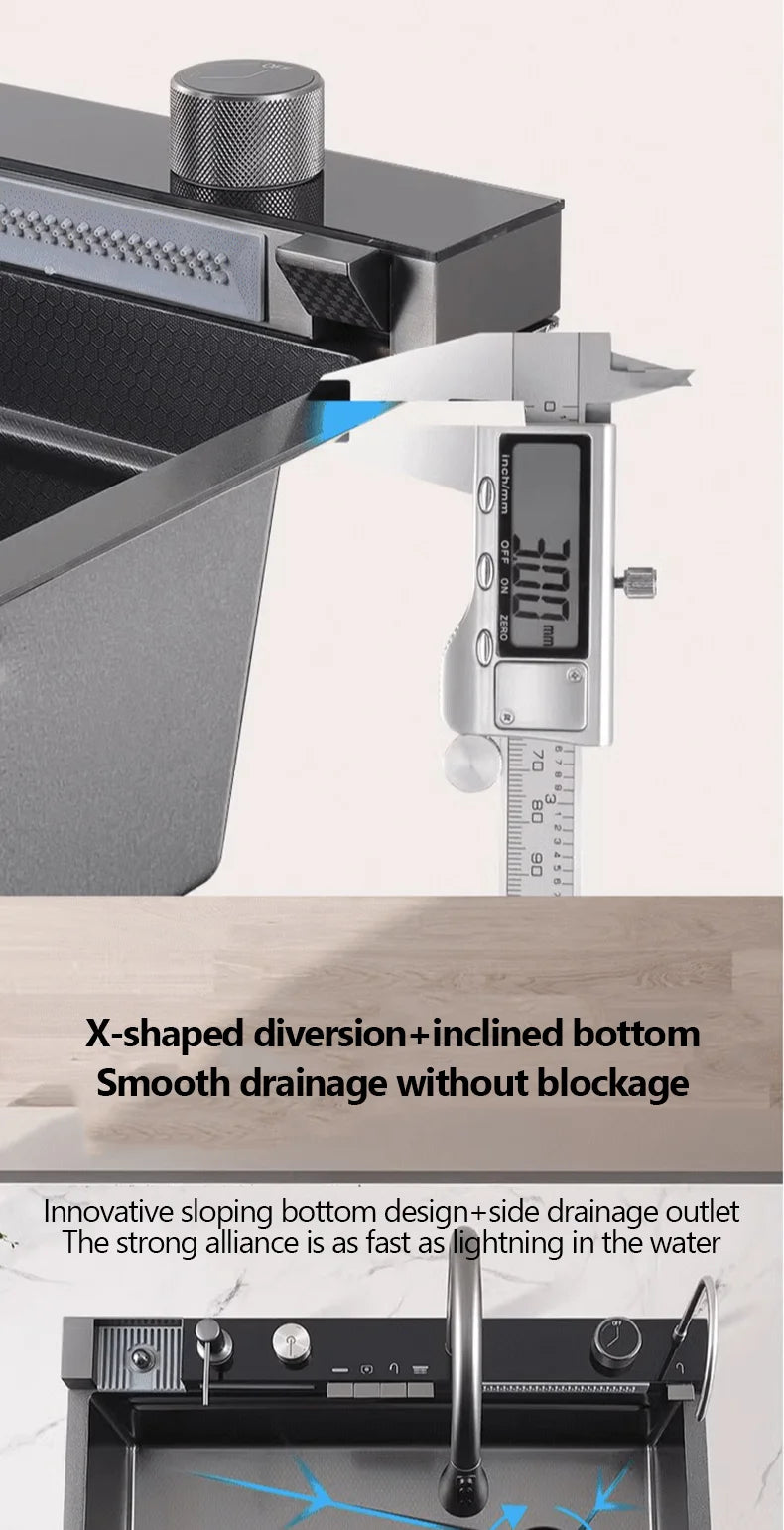 304 Sink Key Digital Display Waterfall Rain Sink Stainless Steel Large Single Trough Hand Basin Washing Dishes Under The Basin