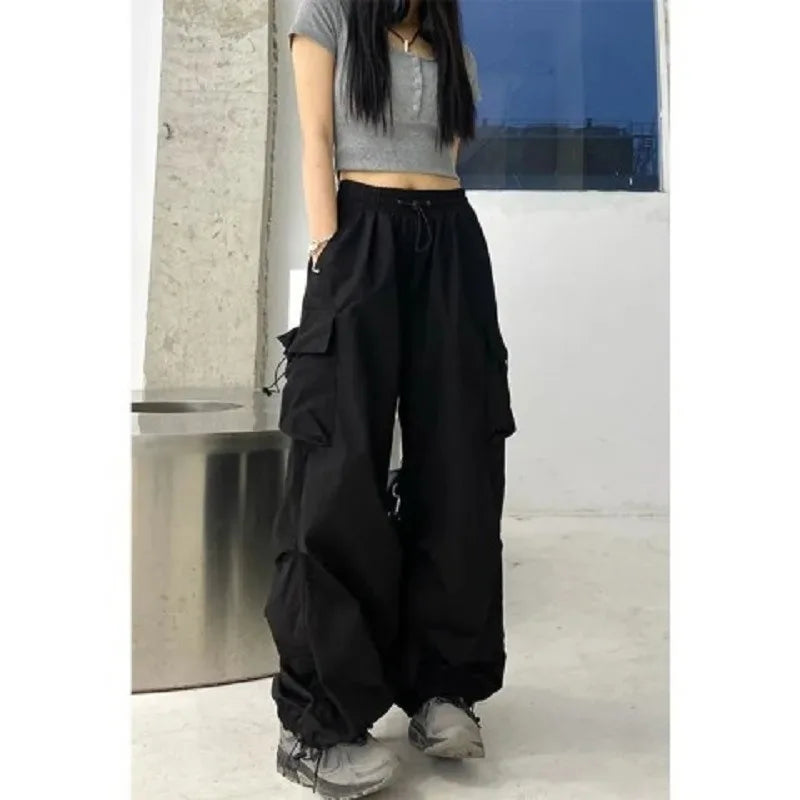 Women Streetwear Cargo Pants Elastic Waist Multi Pocket Loose Wide Leg Vintage Drawstring Casual Trousers