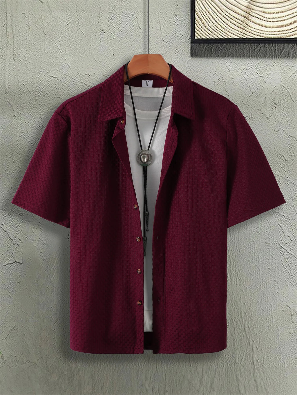 Men's Beach Casual Wear: Bubble Fabric Shirt Set, Loose Fit, Turn-down Collar, Buttoned Cardigan, Men's Cotton Summer Daily Apparel