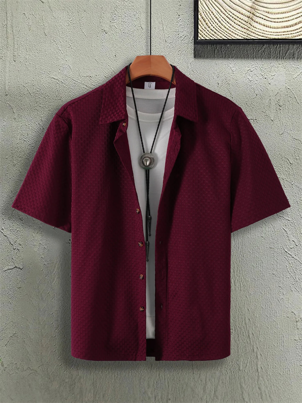 Men's Beach Casual Wear: Bubble Fabric Shirt Set, Loose Fit, Turn-down Collar, Buttoned Cardigan, Men's Cotton Summer Daily Apparel