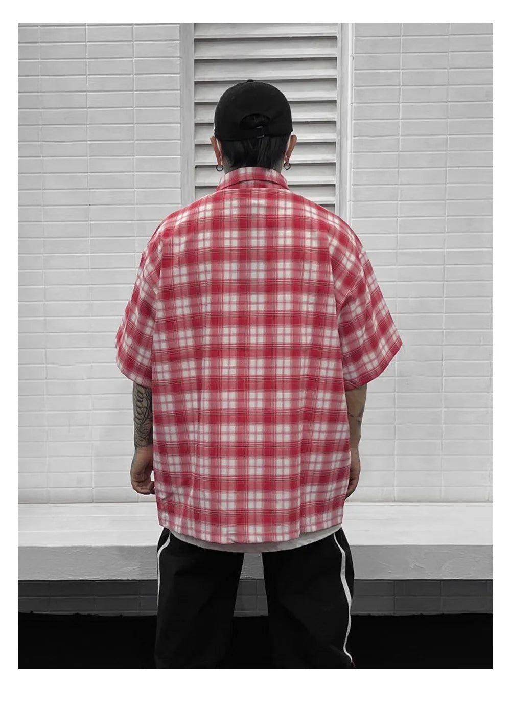 Chicano Safari Short Sleeve Shirt Mens Summer Streetwear Casual Loose Letter Embroidery Lapel Plaid Shirt Man