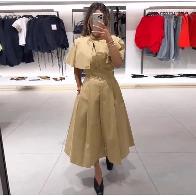 Women's Trench Style Midi Dress Stand Collar Cape Overlay Short Sleeve Belted Waist A‑Line Dresses Autumn Elegant Office Outfits