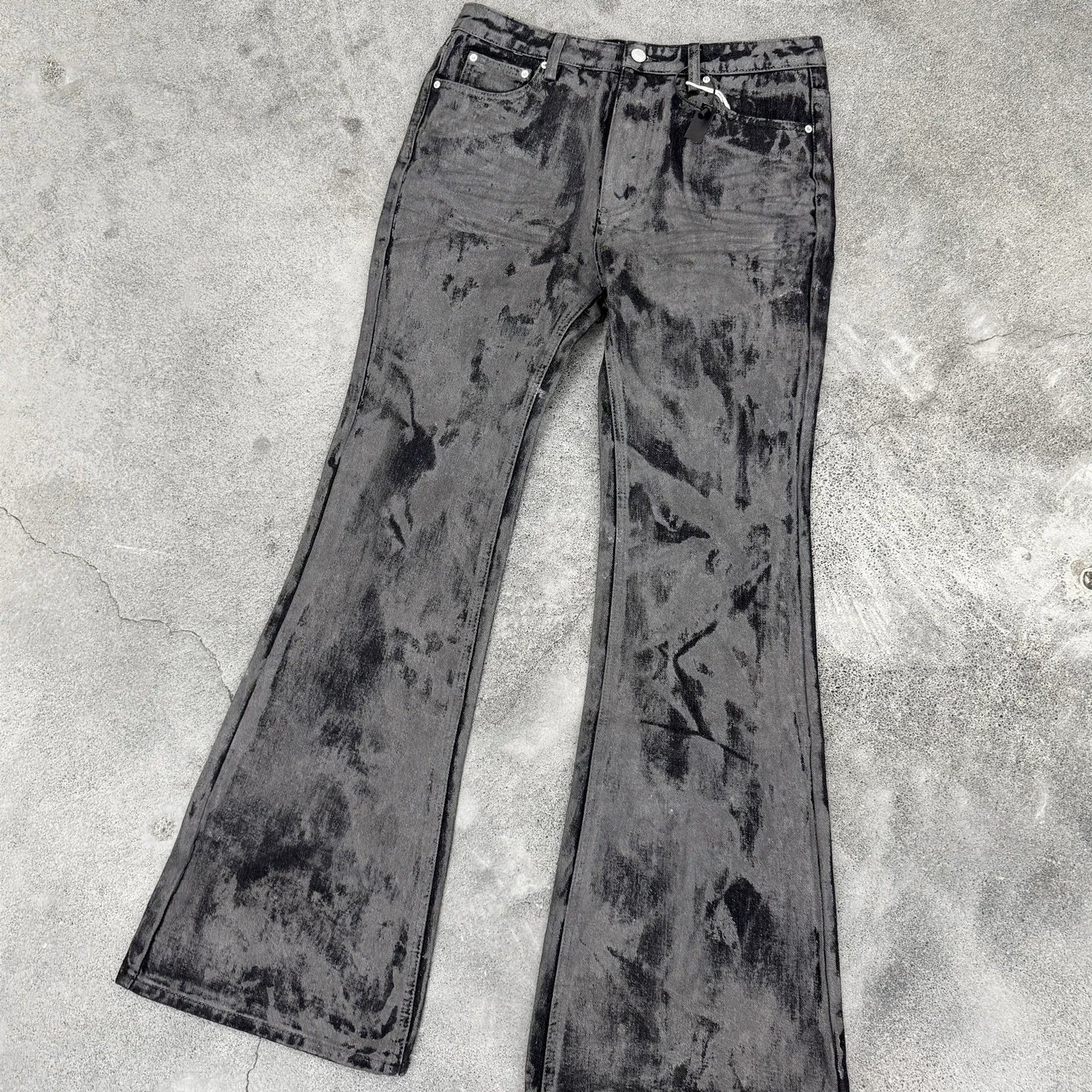 Men's Tie Dye Flared Denim Jeans Washed Handmade Brushed Wax Coating Casual Jean Pants Y2k Streetwear Slim Fit Bootcut Pants
