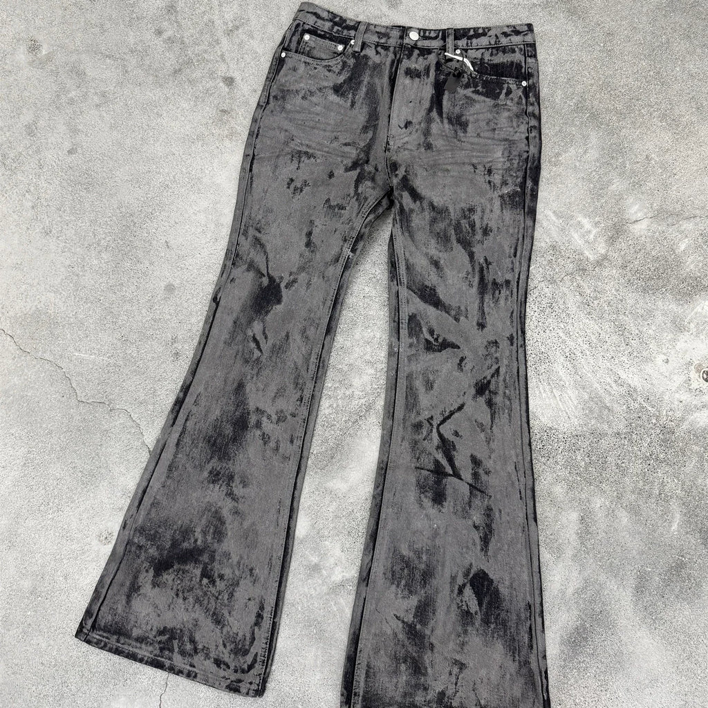 Men's Tie Dye Flared Denim Jeans Washed Handmade Brushed Wax Coating Casual Jean Pants Y2k Streetwear Slim Fit Bootcut Pants